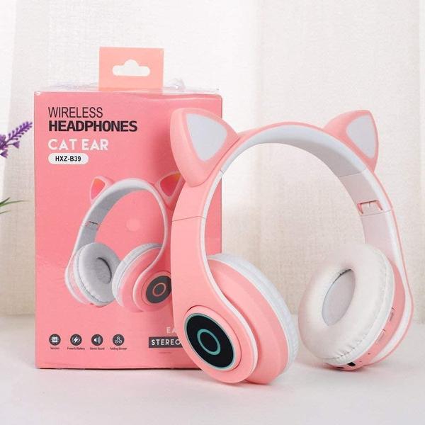 Mogi Products -Draadloze Kinder koptelefoon -Kattenoortjes Bluetooth- Met Led- Met Vrolijke Lichtjes- Roze- Met Zachte Oorkussens-Inklapbaar-