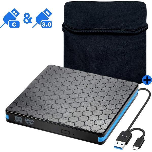 JouwGoods® Externe DVD Speler en Brander - DVD/CD Drive voor Laptop of Macbook - Data en Voeding Via USB 3.0 of USB C - Inclusief Beschermhoes en Kabel - Zwart