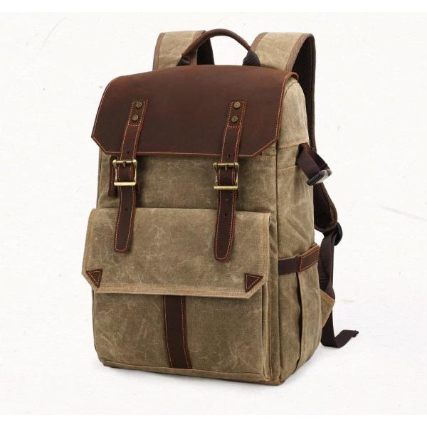 Echt lederen vintage canvas cameratas - Khaki / Licht Bruin - Waterbestendig spiegelreflex SLR - Rugzak - Fototas - Geschikt voor Sony Nikon Canon - Tas 10