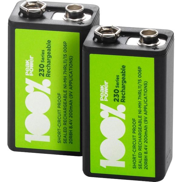 100% Peak Power oplaadbare batterijen 9V - Duurzame Keuze - NiMH 9V batterij 200 mAh - 2 stuks