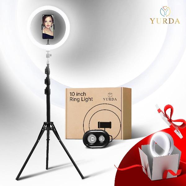 YURDA - Professionele ringlamp met statief - Inclusief telefoonhouder en draadloze afstandsbediening - Ringlamp - Verstelbare hoogte tot 180 cm - 3 kleuren en 11 lichtstanden - 360 graden draaibaar - Zwart