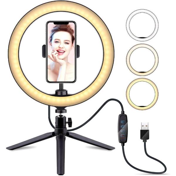 PXZOOM® LED Ringlamp met Statief Smartphone en Afstandbediening- Led Ringlamp USB 10 inch- 3 Lichtstanden - Selfiering /Video / Studiolamp
