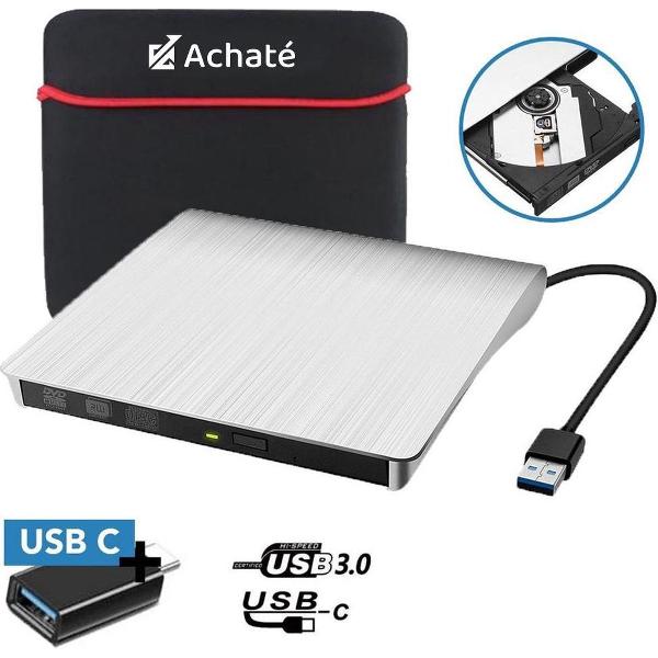 Achaté Externe DVD/CD Speler 3.0 en Brander voor Laptop - Windows & Mac - USB + USB-C + Beschermhoes