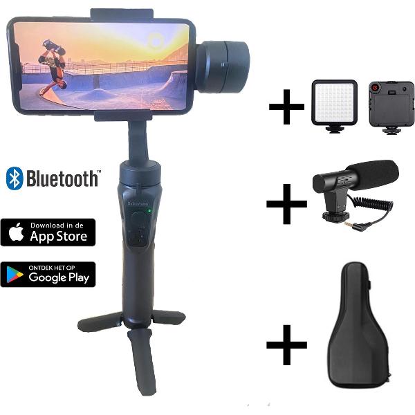 BalkaVision® Gimbal- Stabilizer smartphone met ingebouwde powerbank- Met gratis microfoon, beschermhoes, led light en trimpot- te gebruiken met een App (IOS & Android)- Bluetooth- Usb oplaadbaar- 3 Assige-geschikt voor IPhone en Samsung- action cam