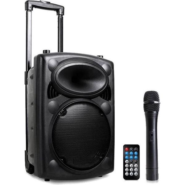 QTX QR10PABT MOBIELE BLUETOOTH PA LUIDSPREKER BOX ACCU TROLLEY USB/SD/VHF 500W
