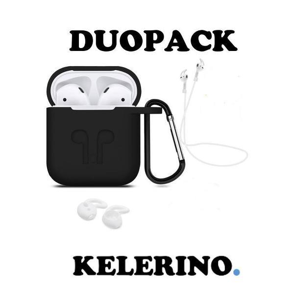 KELERINO. Hoesje voor Airpods 1 / 2 - 3 in 1 set (Case voor Airpods + strap + earhoox) - Duopack - Zwart