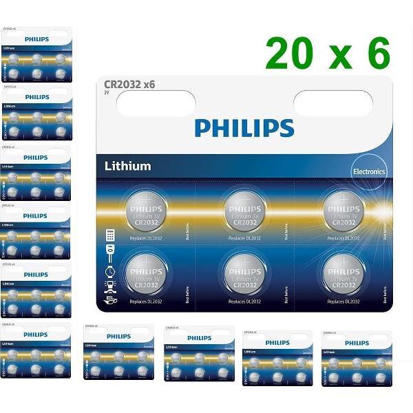 120 Stuks (20 blisters a 6st) - 6-Pack Philips CR2032 3v lithium knoopcelbatterij