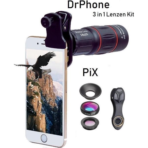 DrPhone PiX - 3 In 1 Premium lenzen Kit - 18X Telephoto Lens,Macro,Wide Angle Lens - Smartphones / Tablets