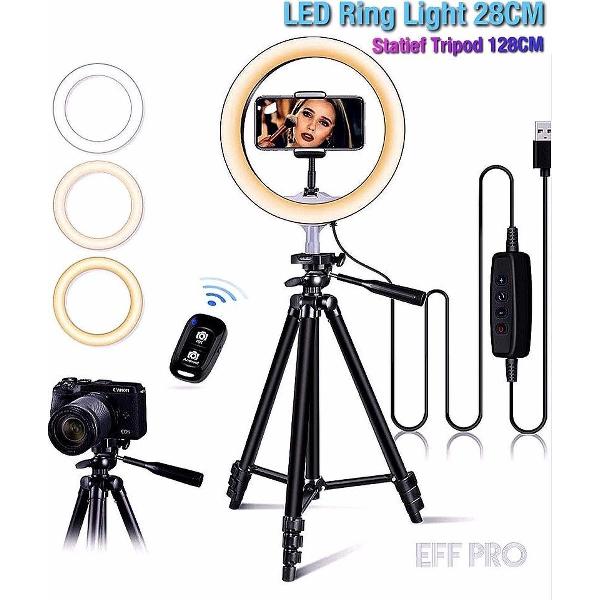 Super Tripod Camera Statief 128 Cm Inclusief LED Ring Lamp 28Cm + Bluetooth Remote Shutter, Zwart – HiCHiCO
