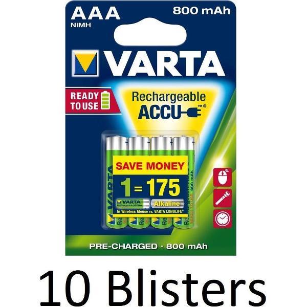 40 Stuks (10 Blisters a 4 st) Varta AAA Oplaadbare Batterijen - 800mAh
