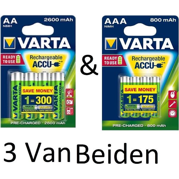 (3 Van Beiden) Varta AA & AAA oplaadbare batterijen Combi aanbieding 2600 mAh & 800 mAh