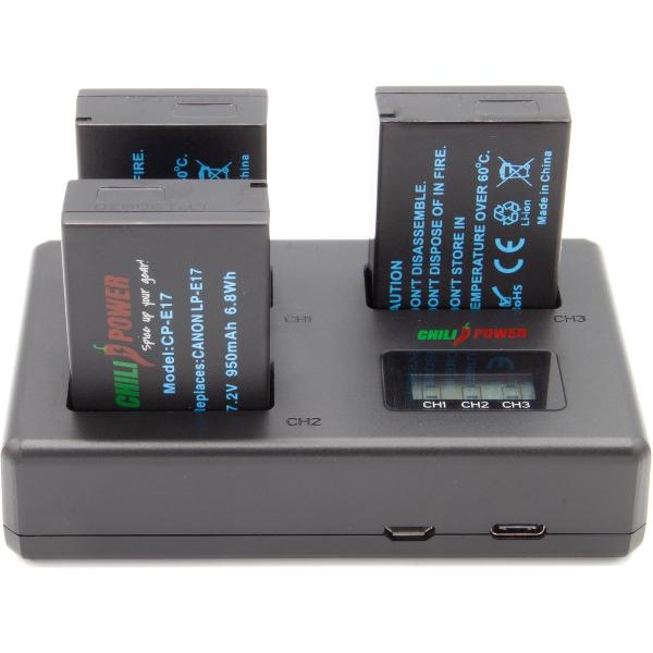 ChiliPower Canon Accu LP-E17 Kit Deluxe - 3 accu's + Triple lader, voor het laden van 3 accu's