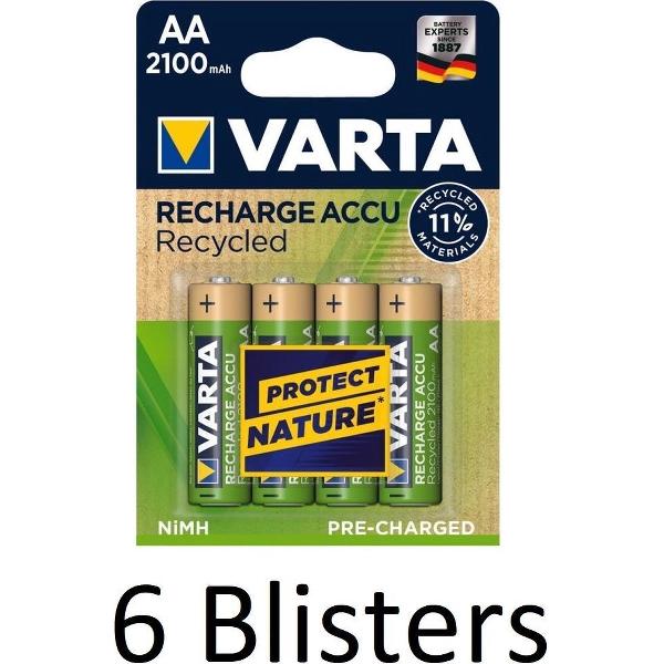 24 Stuks (6 Blisters a 4 st) Varta Recharge Accu Recycled AA Oplaadbare Batterijen 2100 mAh