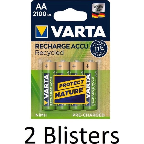 8 Stuks (2 Blisters a 4 st) Varta Recharge Accu Recycled AA Oplaadbare Batterijen 2100 mAh