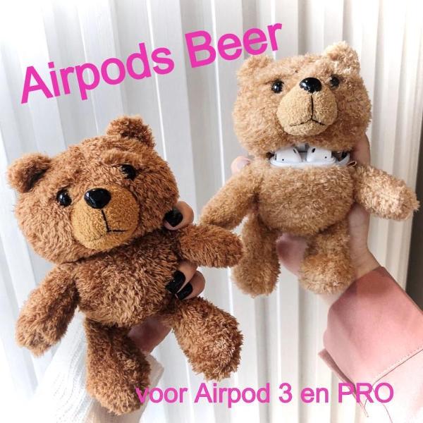 Airpods Case voor 3 en PRO BEERTJE Donkerbruin - Beschermhoes Air Pods -Draadloze Airpods Oordopjes Hoesje - Earphone Accessoire Bear - Mode Fashion Pluche Bo deBEER d.bruin case