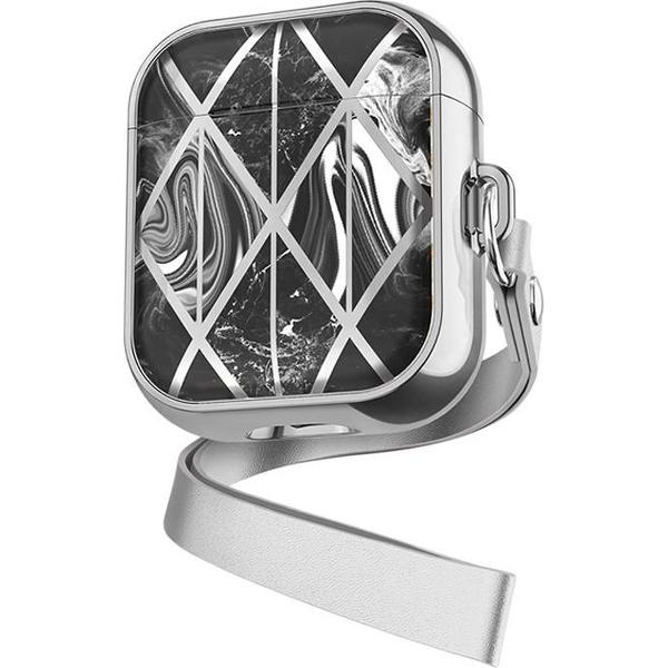 DrPhone PL2 - Airpods Marmer Patroon Case - Beschermende Case – Silicone & TPU Cover - Zwart – Zilver