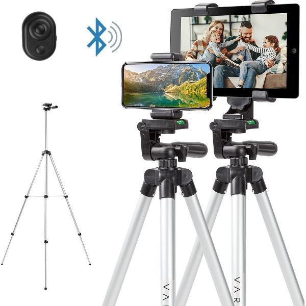 Varin® Telefoonstatief 130 cm met tablet houder - 2 stuks telefoon houders - Bluetooth remote shutter voor smartphone - Opbergtas - Zilvergrijs - Lichtgewicht tripod van 395 gram - Smartphone statief - Camera statief - Telefoonhouder