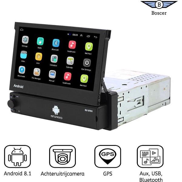 Boscer® 1Din Autoradio | Android 8.1 | Navigatiesysteem | 7' HD klapscherm | USB, Aux, Bluetooth, WIFI | Achteruitrijcamera