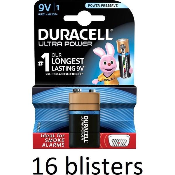 16 Stuk (16 Blisters a 1 st) Duracell Alkaline Ultra Power 9V - 9 Volt