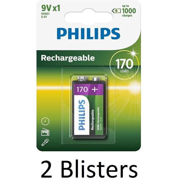 2 Stuks (2 Blisters a 1 st) Philips Oplaadbare 9V batterij - 170mAh