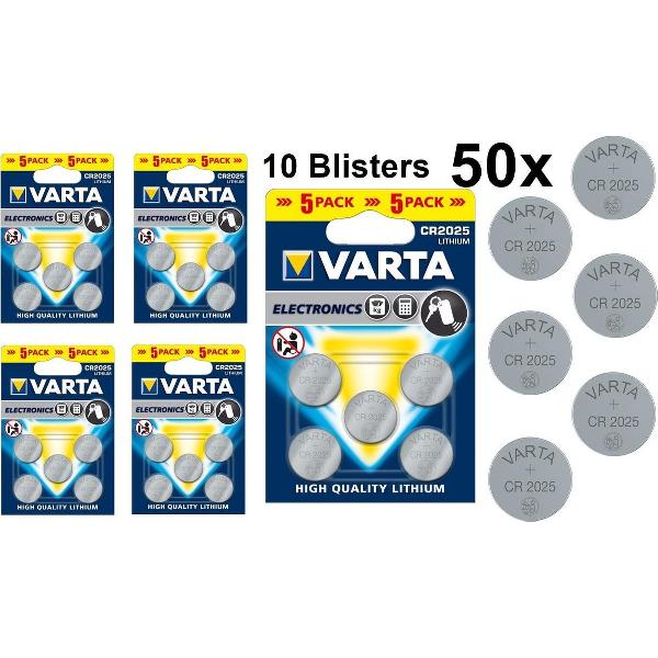 50 Stuks (10 Blisters a 5st) - VARTA CR2025 3v lithium knoopcel batterij