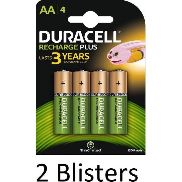 8 Stuks (2 Blisters a 4 st) Duracell AA Oplaadbare Batterijen