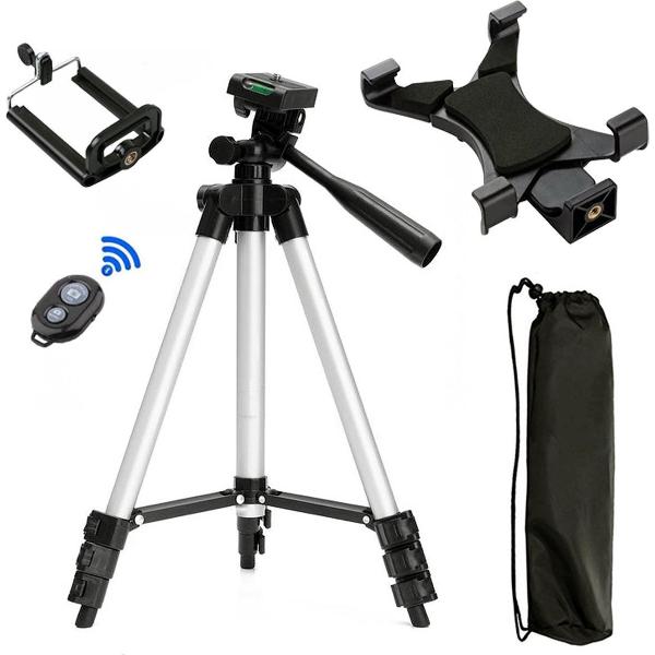 QY Tablet Houder Camerastatief 102 cm met Bluetooth Remote Shutter en extra telefoonhouder - Zilver