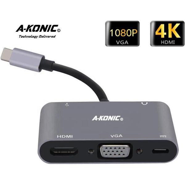 5 in 1 USB C naar HDMI 4K, VGA, usb-c opladen (thunderbolt), JACK en USB A | Type c adapter to HDMI, VGA, Type-C charging & USB 3.1 AUX | Apple Macbook | Chromebook | IMAC | Surface | XPS | Dell | Lenovo | Samsung | HP|A-KONIC©