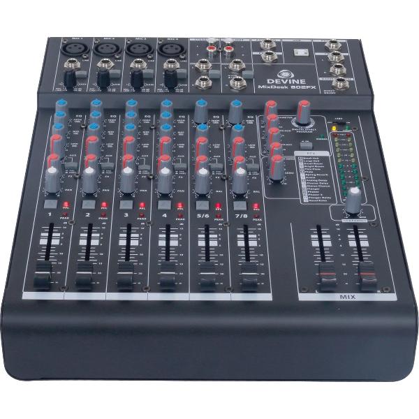 De Devine MixDesk 802FX is een professionele analoge mixer voorzien van interne FX-module, 4 monokanalen en 2 stereokanalen met uitgebreide aansturingsmogelijkheden, en FX-send/AUX-send opties voor professionele doeleinden.