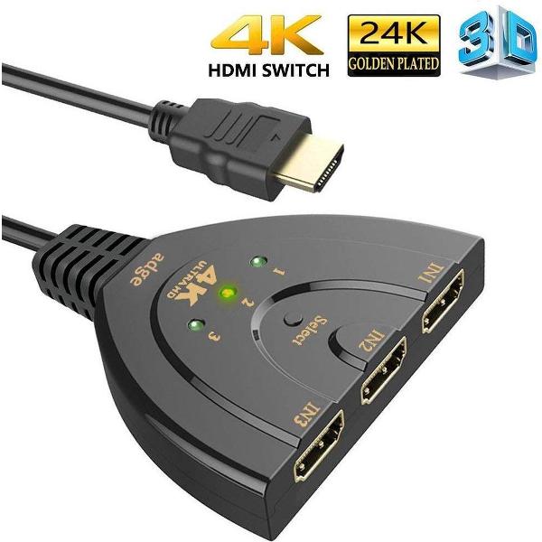 HDMI Switch - Splitter 3 in naar 1 uit - 3 in 1 - 4K resolutie - Indicatie LED + Pigtail - Zwart - Adge®