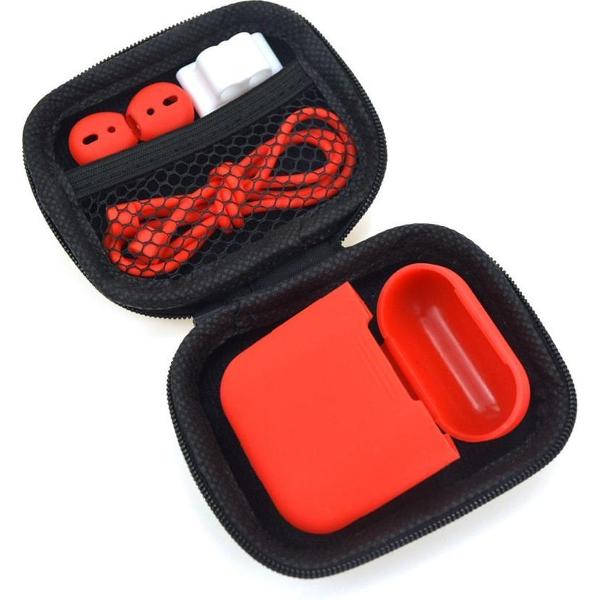 5 in 1 set met siliconen case, koord, horlogehouder, earhooks en opbergetui | geschikt voor Airpods | rood