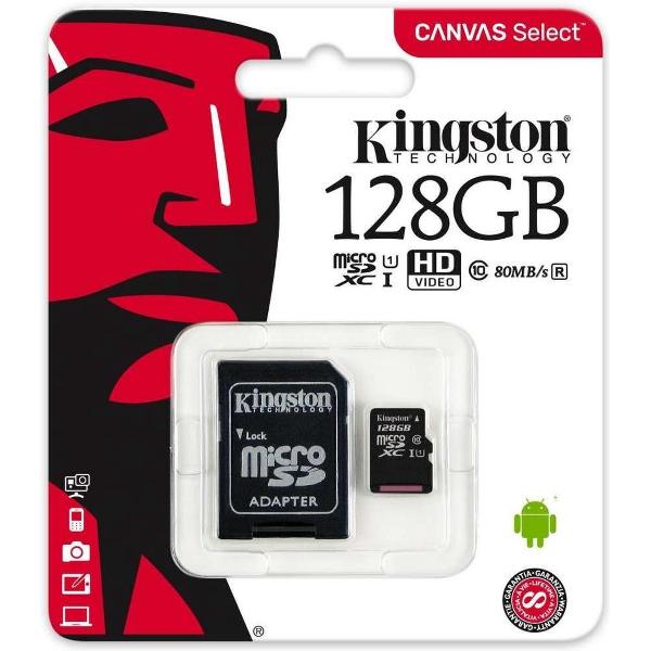 Kingston Canvas Select MicroSDHC Class 10 UHS-I - 128GB - inclusief SD adapter