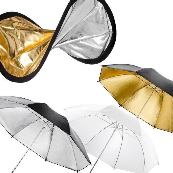 walimex dubbele reflector + schermen zilver/goud/wit