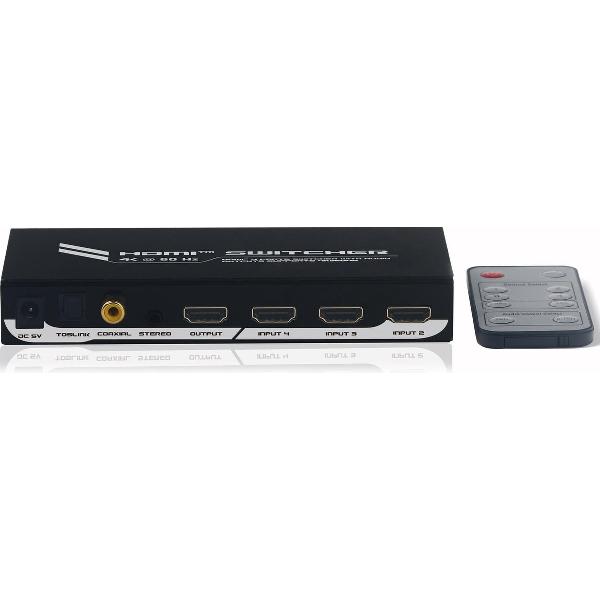 HDMI switch Ultra HD 4K voor 4 apparaten + audio uit, PS4 geschikt met afstandsbediening