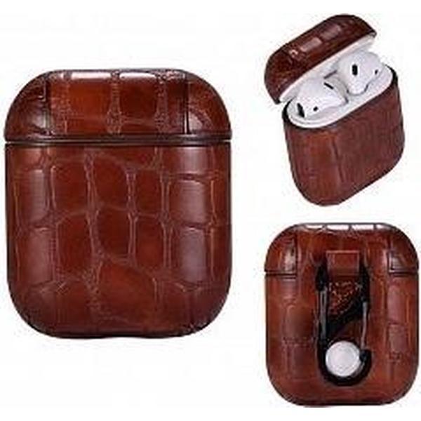 Ntech Bruin Krokodillen Kunstleer Airpods Hoesje Siliconen Case Met sleutelhanger voor Apple Airpods
