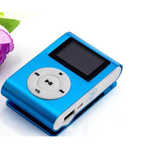 Mini clip MP3 speler FM radio met display Blauw en in-ear koptelefoon