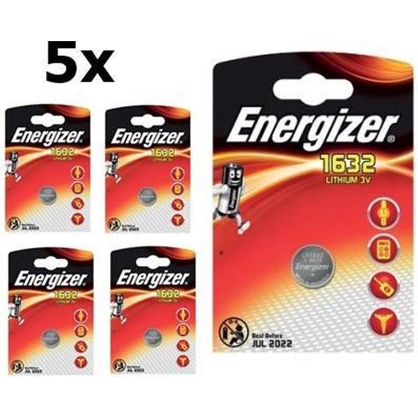 5 Stuks ( 5 Blister ) Energizer CR1632 125mAh 3V Lithium Knoopcel Batterij