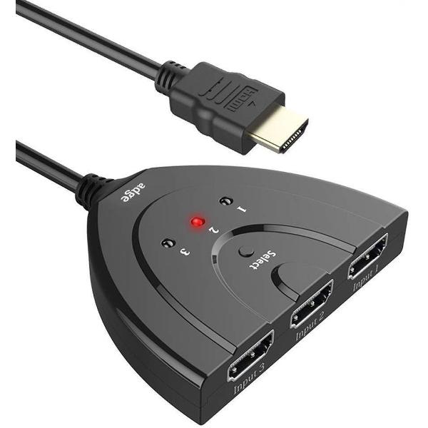 HDMI Switch - Splitter 3 in naar 1 uit - 3 in 1 - 1080p Full HD - Indicatie LED + Pigtail - Zwart - Adge®