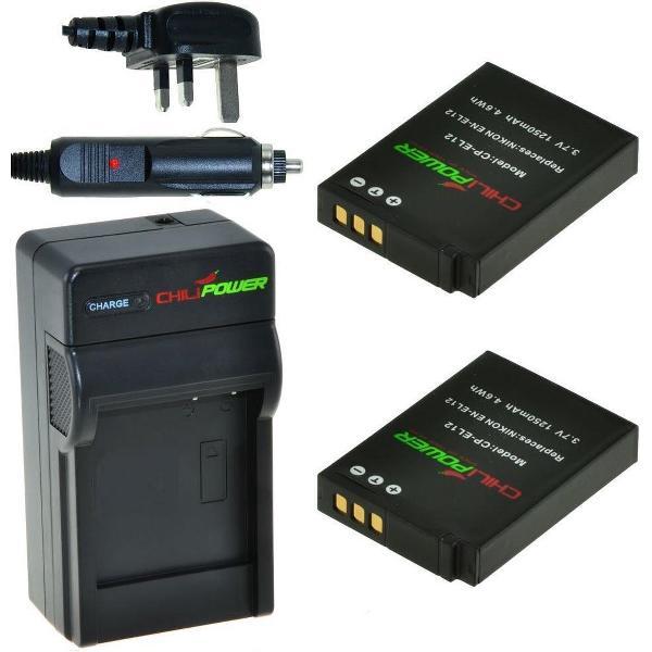 ChiliPower 2 x EN-EL12 accu's voor Nikon - Charger Kit + car-charger - UK versie