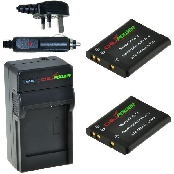 ChiliPower 2 x EN-EL19 accu's voor Nikon - Charger Kit + car-charger - UK versie