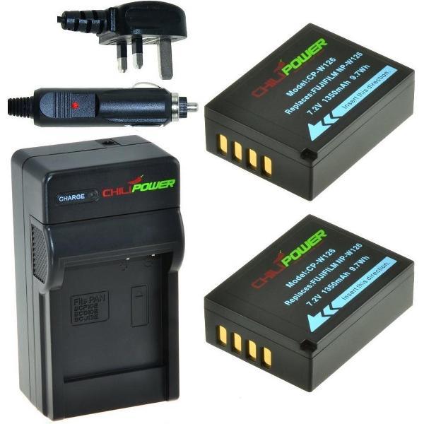 ChiliPower 2 x NP-W126 accu's voor Fujifilm - Charger Kit + car-charger - UK versie