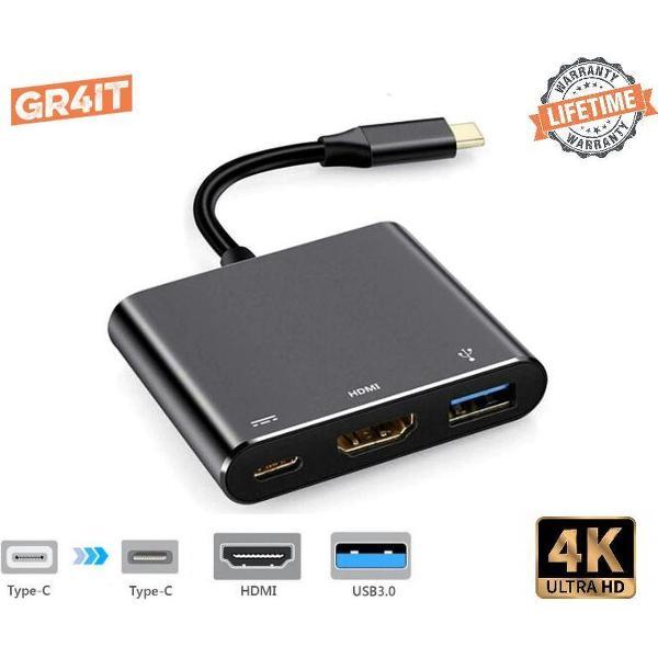 GR4IT Premium USB-C 3 in 1 Adapter| USB-C naar HDMI (4K) - USB A - USB C Opladen - Zwart