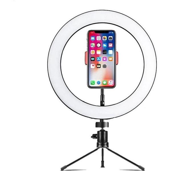 NÖRDIC RING-101, LED Ringlamp met statief en telefoonhouder, verstelbaar, 26 cm diameter, dimbaar studiolicht, 44 cm staande ringlicht voor streaming