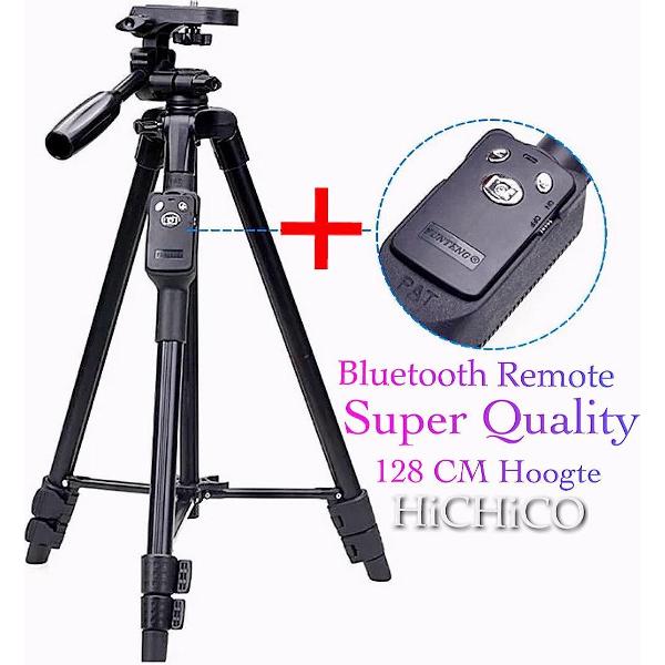 LED Ring Lamp 22Cm + Super Tripod Camera Statief 128 Cm Zwart Inclusief Bluetooth Remote Shutter – HiCHiCO