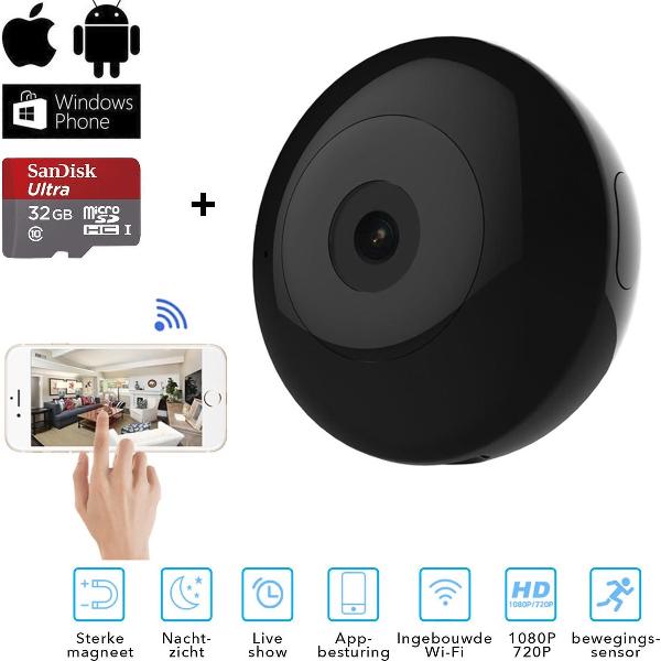 DJÉM® Verborgen Wifi Camera Met App – Action Spycamera - Beveiligingscamera – Mini Spycam – Bewakingscamera - Draadloos - SD Kaart 32 GB