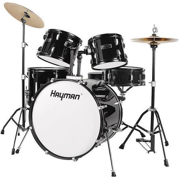 Hayman Drumstel - Beginner Drumstel - akoestisch drumstel - compleet drumstel - drumstel voor kinderen - drumstel voor volwassenen - Zwart drumstel - drumstel met bekkens
