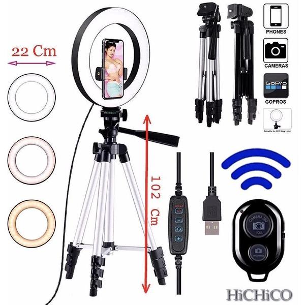 LED Ring Light 22 Cm met Smartphone Tripod Camera Statief 102 Cm Zilver Inclusief Bluetooth shutter – HiCHiCO