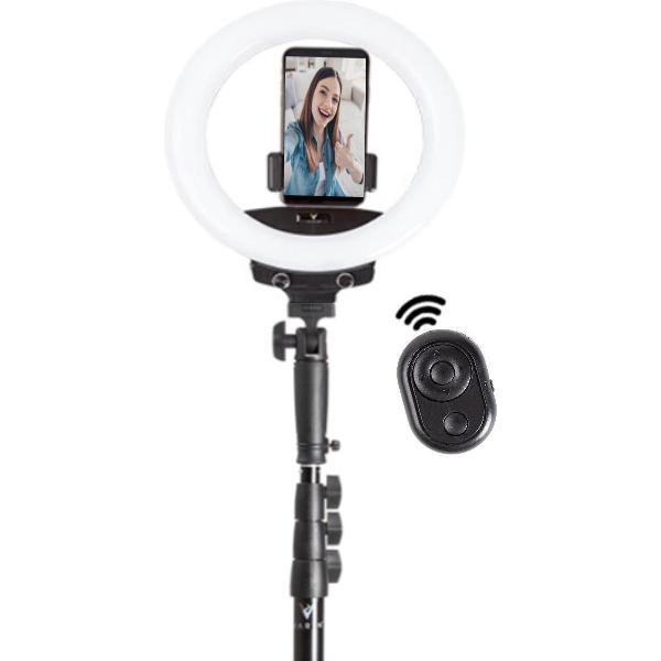 Varin® Bi-Color LED Ringlamp met Statief - 70 t/m 210 cm - 10 inch - 22W en CRI 92 - 10 inch Professionele Ring Lamp - Bluetooth Afstandsbediening - 2 types Telefoon Houders - Verjaardag Cadeau - TikTok - Make Up – Vloggen