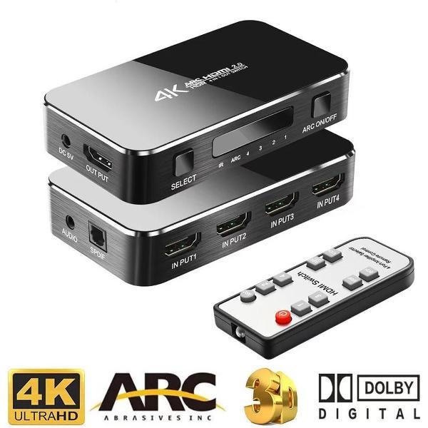 DrPhone Arc Series 4K HDMI HDR Switch 4-in-1 uit – HDR10 – HDCP 1.4 – 4K 60Hz – Afstandsbediening – 3D – Full HD 1080P – UHD – TV / PC – HDMI Switch – Audio – SPDIF – 3.5 Audio ondersteuning – Zwart