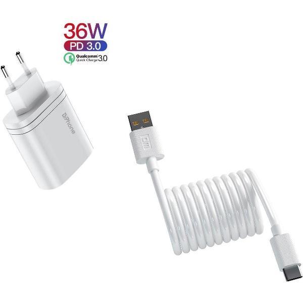 DrPhone ICON Gecertificeerde Power Lader - 36W 9V 3A + 1 Meter DM Kabel - 2.4A Type-C / USB-C Oplaadkabel